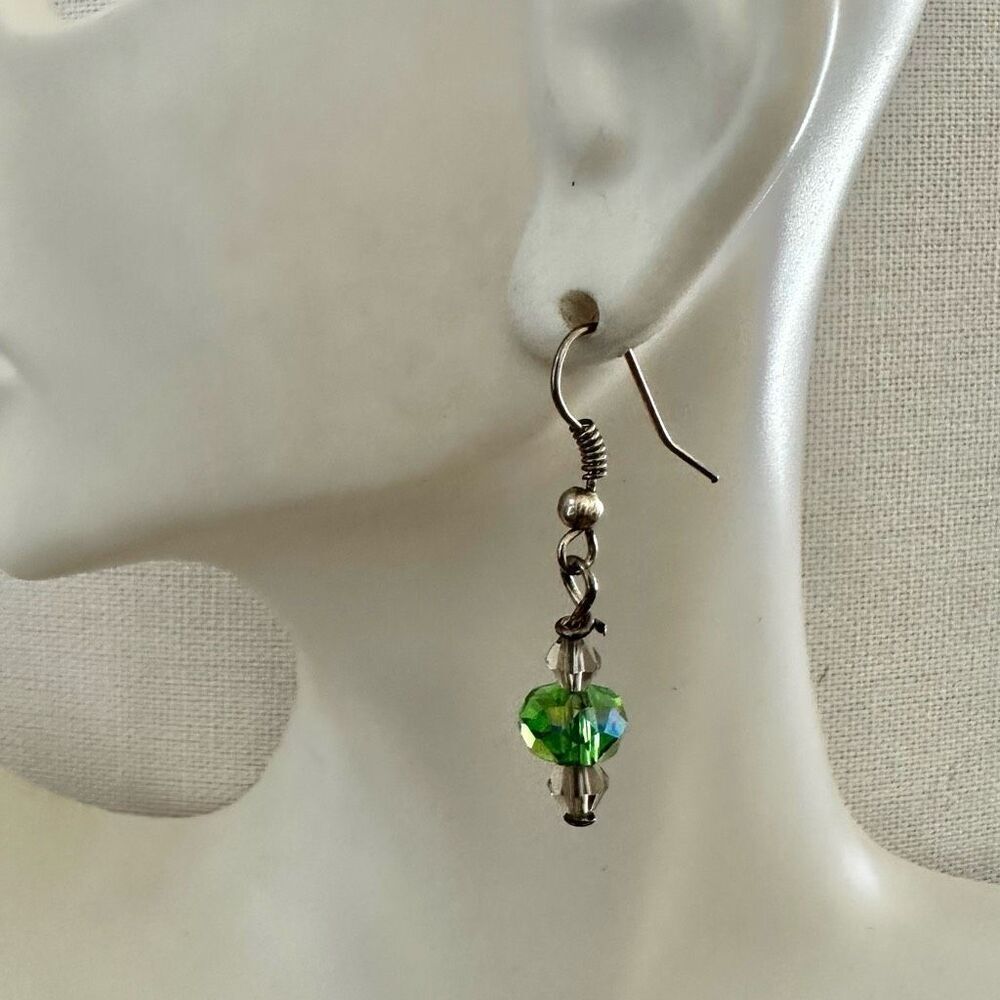 Green and silver tone crystal drop earrings